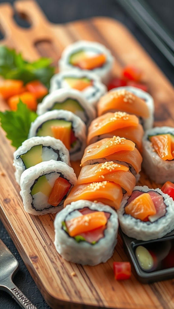 Fresh sushi rolls with salmon and avocado served with soy sauce and garnishes.
